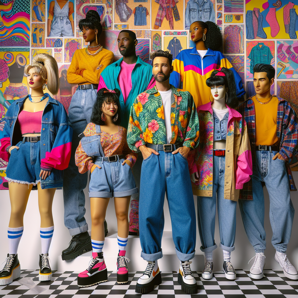 Must-Have Guide: What to Wear to a 90's Party A vibrant and nostalgic 90's fashion guide display with a variety of clothing and accessories from the era. Visualize high-waisted jeans worn by a non-binary Hispanic individual, and a Hawaiian shirt styled by a Caucasian man. An African-American woman wears a scrunchie and a brightly colored windbreaker. South Asian woman sports platform shoes and a denim jacket. Middle-Eastern man is seen in a flannel shirt and baggy pants. The arrangement is set against a backdrop of iconic 90's patterns and colors, capturing the essence of the decade's unique style.