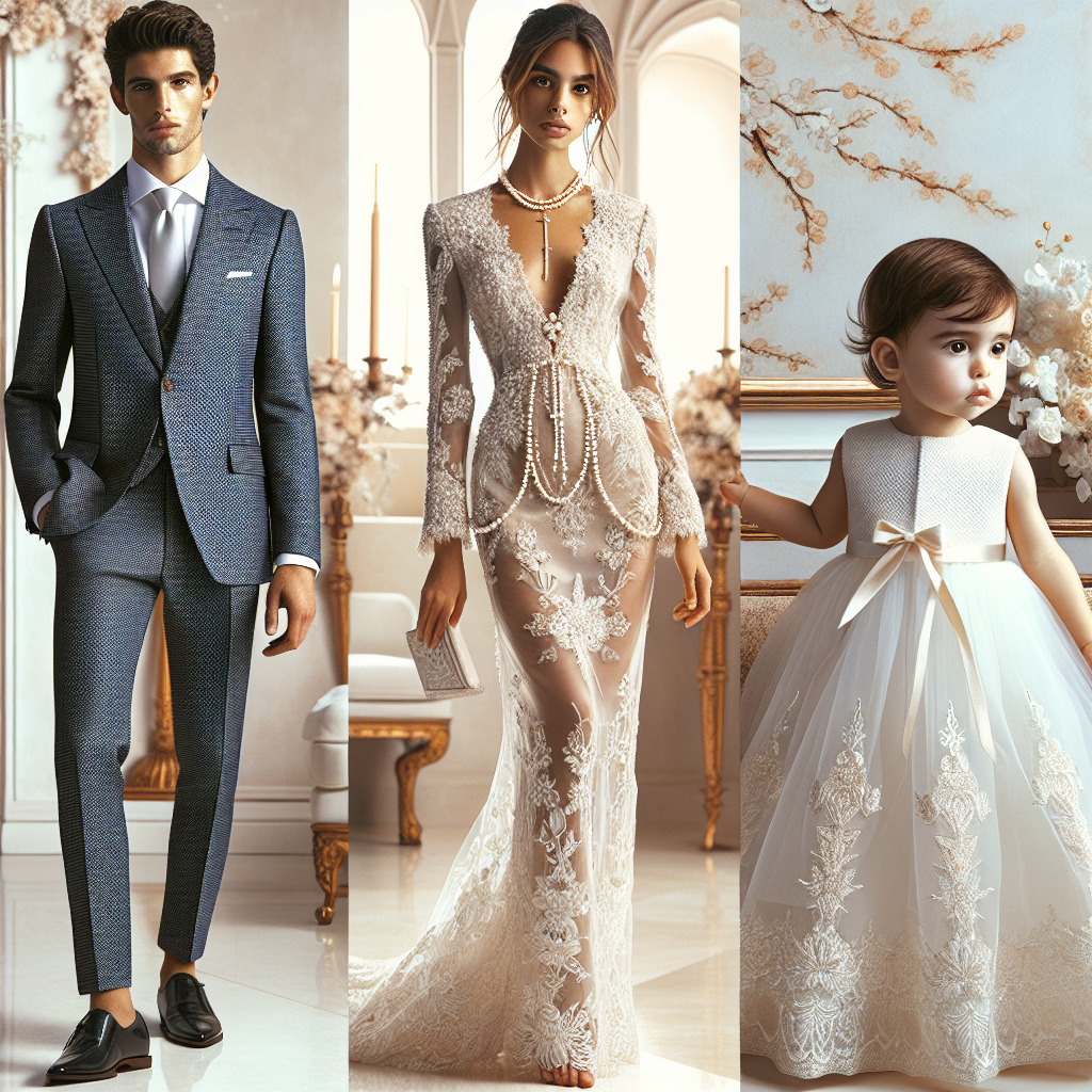 Stunning Outfits for Baptisms: Effortless Elegance A fashion showcase representing an array of stunning baptism attire exuding effortless elegance. Envision a Middle-Eastern woman wearing an exquisite ivory silk lace dress adorned with seed pearls, and a South Asian man dressed in a stylish navy blue suit paired with a subtly patterned tie. Also, include a Caucasian toddler in a delicate, traditional white baptism gown made of satin and embroidered lace. Accentuate the setting with soft pastel-colored decorations, elegant church interior and warm lighting to heighten the sense of a special occasion.