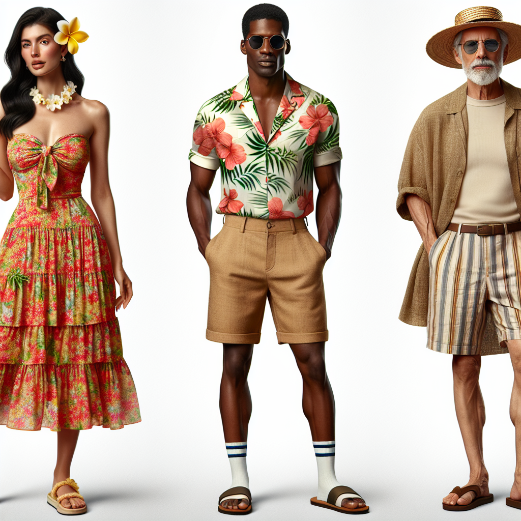 Stunning Hawaiian Party Outfits: Effortlessly Chic Choices Visualize an ensemble of three individuals showcasing stunning Hawaiian party outfits. The first one is a Hispanic woman in a vibrant, flowery sundress, accessorized with a flower garland necklace, and a flower tucked behind her ear. The second individual is a Black man sporting a tropical print shirt, khaki shorts showing off a pair of flip-flops. The third one is a Middle-Eastern senior man, donning a relaxed linen shirt paired with printed Bermuda shorts, straw hat, and sunglasses. Each outfit embodies an effortlessly chic choice for a Hawaiian party.