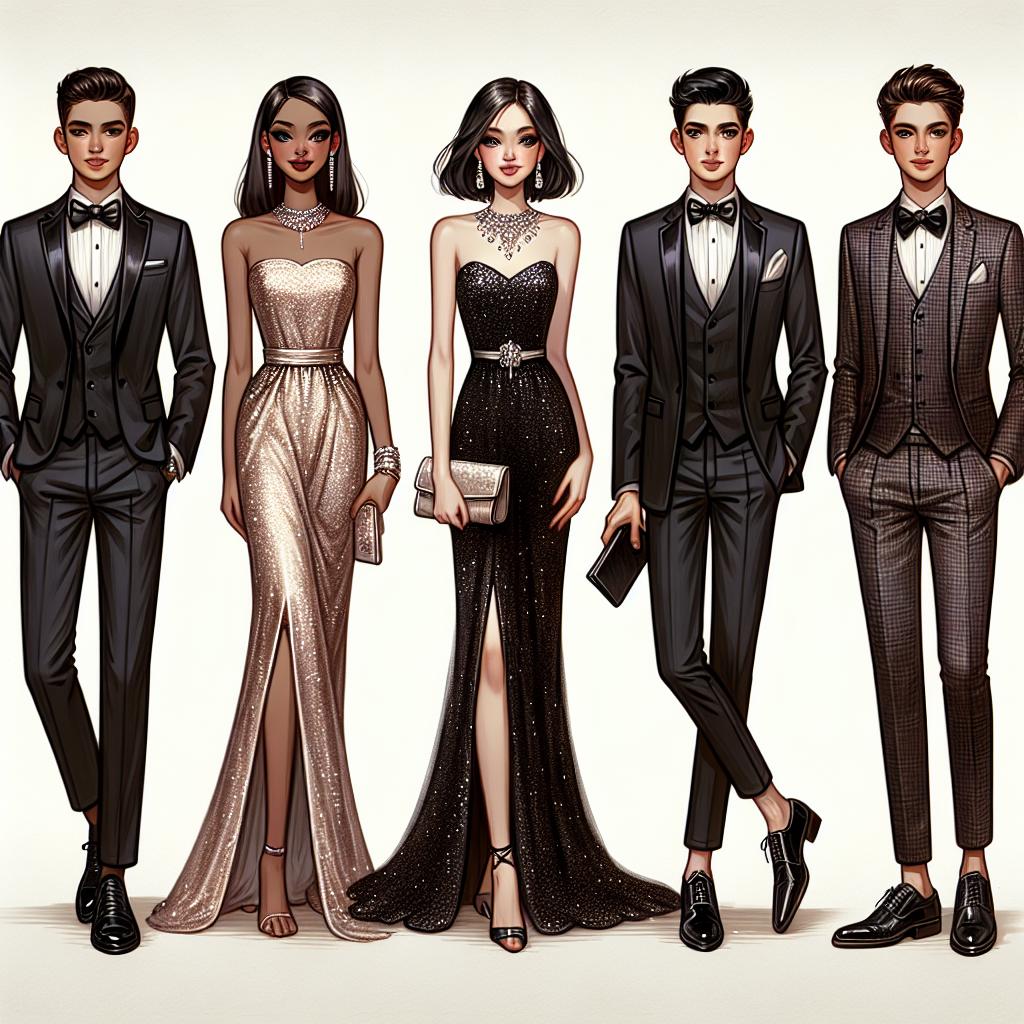 Display different formal night fashion styles. Depict a series of characters ready for a classy evening event. The first is a Middle-Eastern male in a sharp tuxedo with a bow tie, leather shoes, and cufflinks. Next to him is a Caucasian female wearing a dazzling sparkling evening gown with matching high heels. Then, feature a Black female donning a chic jumpsuit paired with a statement necklace and clutch. Lastly, depict a South Asian male sporting a tailored three-piece suit with a sleek tie, pocket square, and polished oxford shoes. Ensure each style is sophisticated and unique, capturing the elegance of formal night attire.