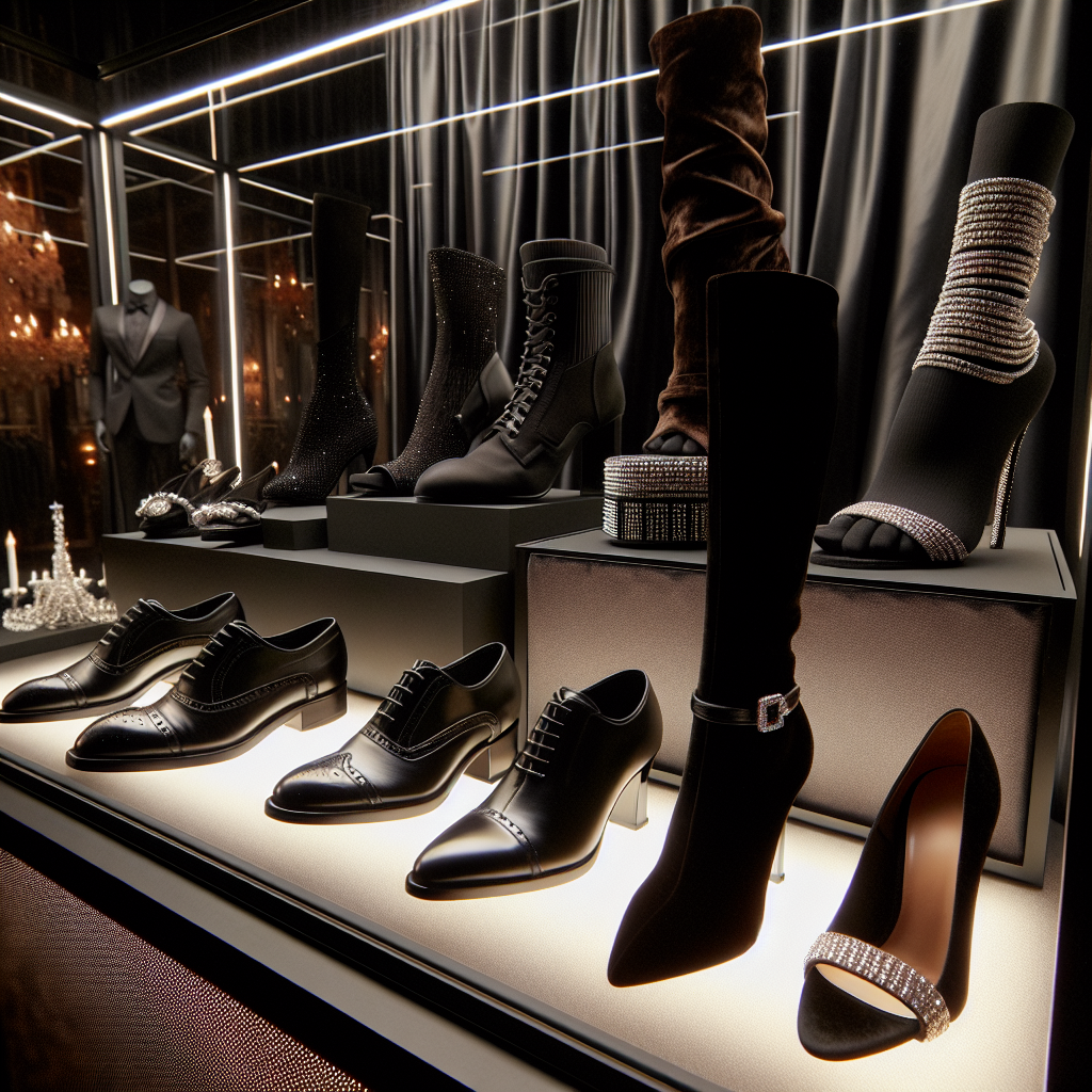 Stunning Shoe Choices for Black Tie Events: Find Yours! Imagine a display of stunning shoe options suitable for black tie events. At the front, a pair of polished black oxford shoes for a Hispanic man, next to an elegant shin-length high-heeled black velvet boot for a Middle Eastern woman. A bit further, a strappy black high-heeled sandal for a South Asian woman adjacent to a classic black velvet loafer for a White man. Lastly, diamond-adorned black stilettos for a Black woman and sleek black leather boots for a Caucasian man. All displayed on an illuminated glass shelf, close enough to reveal intricate details on a black satin backdrop.