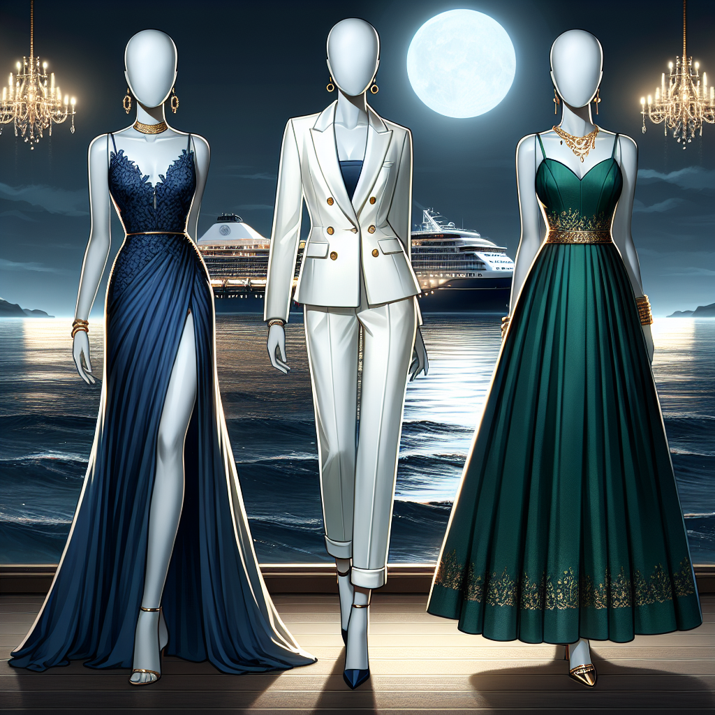 Exclusive Dinner Cruise Outfits: Effortless Elegance Visualize an image showing a collection of three elegant dinner cruise outfits on mannequins. The first outfit is a floor-length evening gown in royal blue, the second outfit is a chic, white pantsuit, while the third outfit is an emerald-green cocktail dress with gold accessories. The background has a hint of the calm sea under the moonlight. Add a silhouette of a luxury cruise ship at a distance. The outfits should represent different ethnicities -- dress one is on a Caucasian mannequin, the pantsuit on a Hispanic mannequin, and the cocktail dress on a South Asian mannequin.