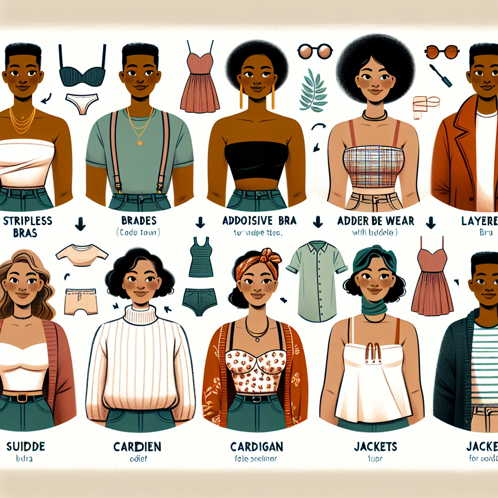 Effortless Style: What to Wear Under a Tube Top Create an image of a fashion infographic focusing on multiple ideas of what to wear under a tube top. It should illustrate different casual and elegant outfits suitable for various occasions. Convey options such as strapless bras, adhesive bras, layered outfits with cardigans, and jackets for colder weather. The models should be diverse in gender and descent for inclusivity. Include a Caucasian female, a Black male, a South Asian female, and a Hispanic male. Each model should be seen wearing an outfit that complements the tube top. Add small, written indications that describe each outfit's style and appropriateness for different situations.