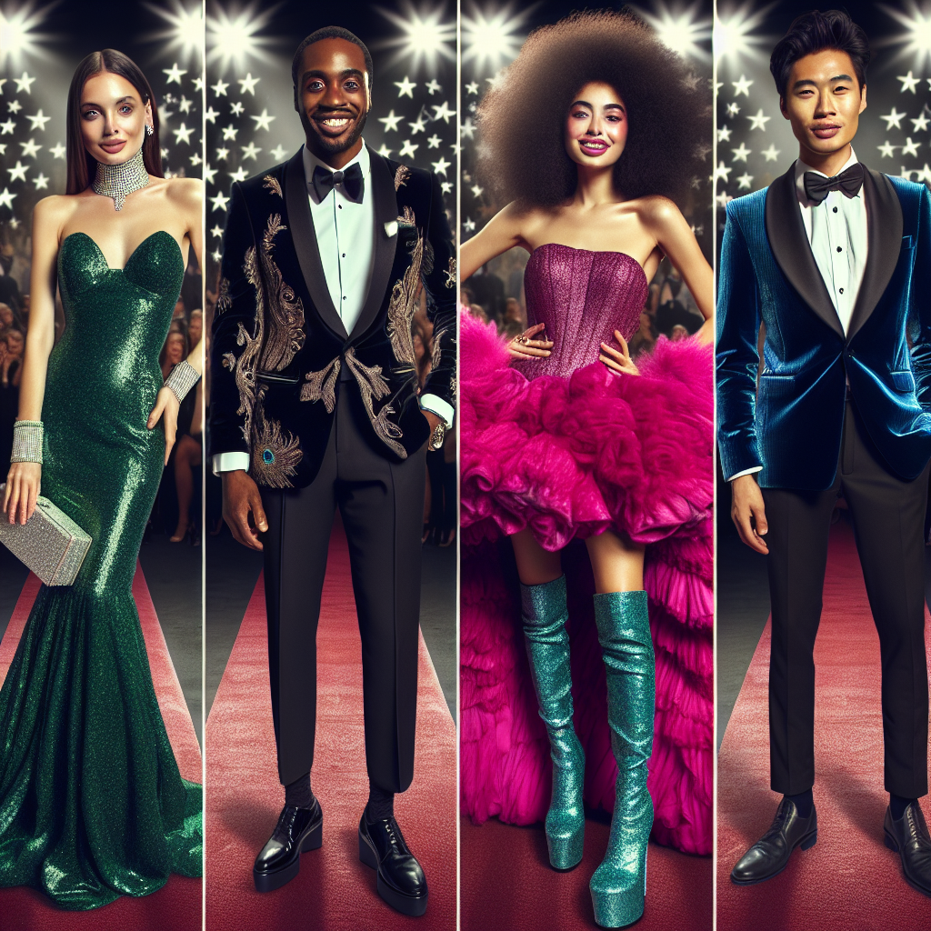 Picture a glamorous red carpet event where people are dressed to impress. Four different individuals showcasing their own unique styles are in focus. A Caucasian woman in a radiant emerald gown with diamond encrusted accessories. She is paired with an elegant, silver satin clutch and stilettos. A Black man oozing confidence in a sleek, black couture tuxedo embellished with gold accents. An Hispanic woman exuding vibrant energy in a puffy, flamboyant fuchsia dress and a pair of glittery platform heels. Last but not least, an Asian man looking dapper in a cool, expressionistic peacock-blue velvet suit. Their fashion choices and happy smiles are shining under the bright spotlights.