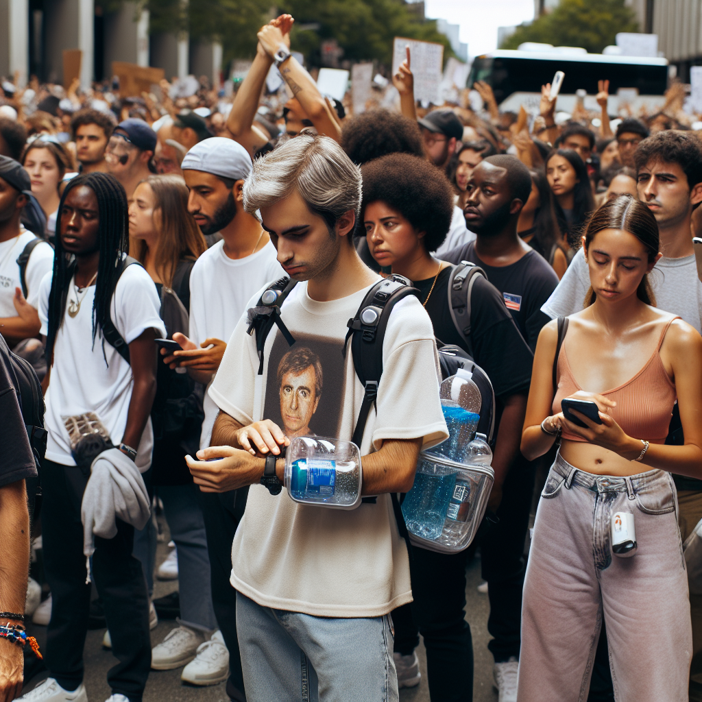 Picture a peaceful protest march taking place in a urban city street during the day. The crowd is made up of men and women of diverse descents, including Hispanic, Middle-Eastern and South Asian. They are all wearing comfortable clothing suitable for the weather - think soft graphic tees, jeans, and trainers. Several people also have clear backpacks, showcasing essential items such as water bottles, snacks, and first aid kits. One person, a Caucasian woman, is seen applying sunscreen. Another protester, a black man, is checking the battery life on a power bank. Every face is determined, a reflection of their cause.
