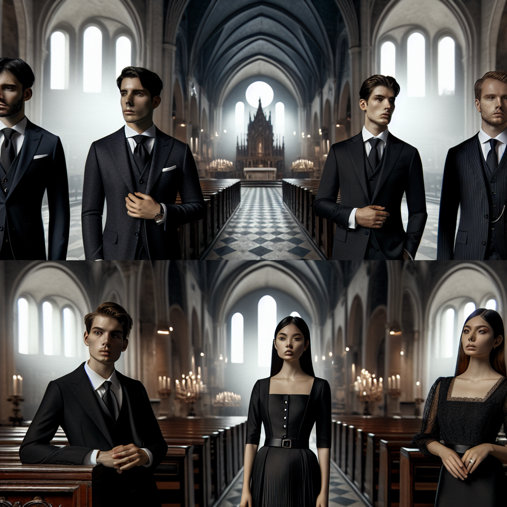 Stunning Outfits for Catholic Funerals: Effortless Elegance A visual presentation of various elegant funeral outfits suitable for Catholic ceremonies. The scene should consist of four different people in mourning attire. Two are males, one Hispanic and the other Caucasian, dressed in respectful, understated dark suits with white shirts and dark ties. The other two are females, one Black and the other South Asian, in tasteful black dresses enhanced by subtle jewelry. The setting is a picturesque, old Catholic cathedral with imposing arches, lit by diffused light from stained glass windows. All individuals are showcasing an air of stoic respect combined with effortless elegance.