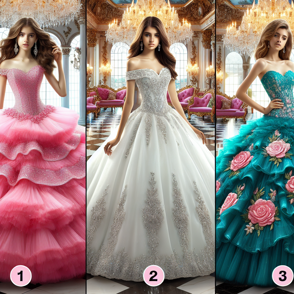 Stunning Outfits for Quinceañeras: Find Your Perfect Match! Create a dazzling image showcasing three stunning quinceañera dresses! First, imagine a dress cascading in bright layers of pink chiffon, adorned with glittering, hand-sewn sequins, ideal for a Hispanic teenager. Second, visualize an elegant, off-shoulder white satin dress accentuated with silver, intricate beading, on a Middle-Eastern girl. Finally, illustrate a beautifully layered teal organza dress with floral appliques suiting a Caucasian young lady. All three girls should be confidently showing their dresses in a well-lit, finely decorated ballroom with gorgeous chandeliers and marble floor.