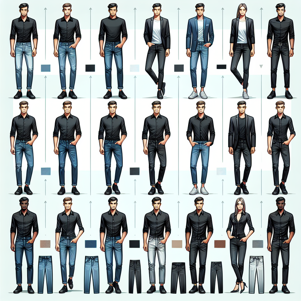 Must-Have Styles: Best Jeans for Black Shirts Visual guide for an article that shows the best jeans styles that pair well with black shirts. Include various cuts of jeans such as skinny, boot-cut, and wide-leg styles. Depict these jeans in different popular colors like blue, black, and grey. Also include illustrations of black shirts, both with traditional cuts and modern silhouettes, paired with these jeans. In the scene, there should be several individuals of various descents such as Caucasian, Hispanic and Middle-Eastern, each showcasing a different jeans and black shirt combination.