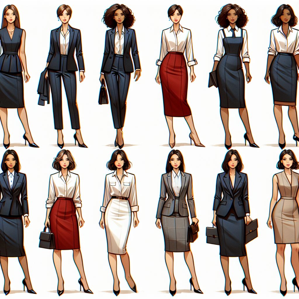 Dress to Impress: Best Deposition Outfits for Women A variety of professional and stylish outfits for women to wear for different deposition proceedings. Illustration one: a Caucasian woman wearing a sharp navy-blue suit, white button-down shirt, and polished black high heels. Illustration two: a Black woman donning a red pencil skirt with a cream silk blouse and brown stilettos. Illustration three: a Hispanic woman in a grey blazer-dress paired with pointed nude flats. Lastly, a South Asian woman in a black dress with a modest high-neck and flats. All outfits are sophisticated, tailored, and confident.