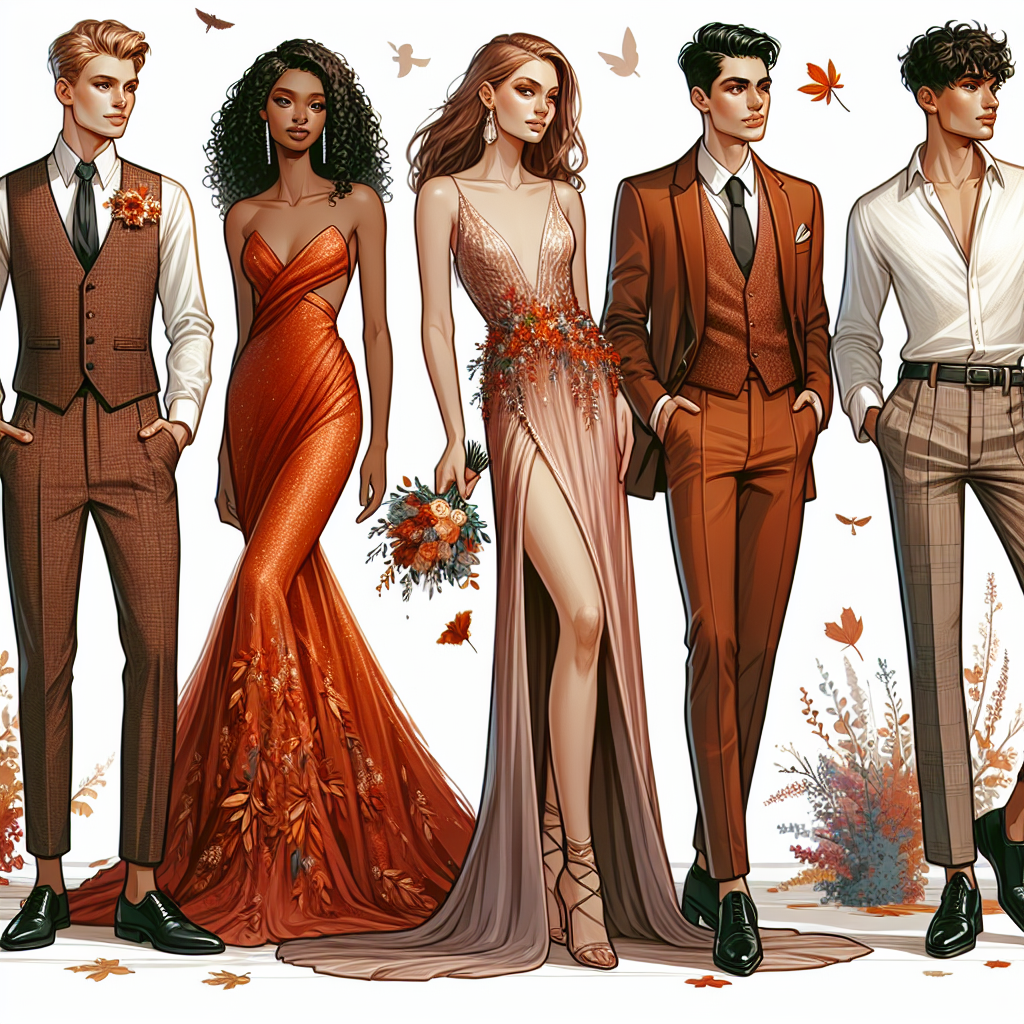 Stunning Fall Wedding Outfits: Dress to Impress! Create an illustration of a breathtaking fall wedding attire scenario. Depict four individuals of diverse descents such as Caucasian, Hispanic, Black, and Middle-Eastern. Have them all show off their unique and elegant wedding guest outfits inspired by fall colors. One can be in a fancy shirt, waistcoat, and fitted trousers combination while another dramatically wears a full-length gown in rich autumn shades. The other two can be wearing an elegant jumpsuit and a sophisticated cocktail dress respectively, both reflecting the fall palette. Decorate the scene with falling leaves and the soft glow of the autumn atmosphere.