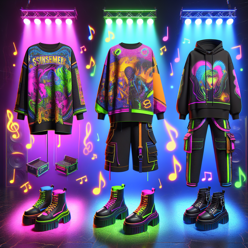 Must-Have Outfits for a Billie Eilish Concert Create a vibrant image of must-have concert outfits inspired by an abstract pop culture icon known for her eclectic fashion sense. The image should include three outfits: a graphic-print oversize t-shirt with matching biker shorts; a neon-colored tracksuit with chunky sneakers; and a black oversized hoodie paired with cargo pants and platform boots. All three outfits should be arranged against a backdrop of flashy stage lights and music symbols, capturing the energetic and unique vibe of a pop concert.