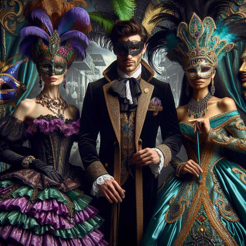 Stunning Outfits for a Mardi Gras Ball: Must-See Styles An ensemble of three individuals, each donned in magnificent Mardi Gras ball outfits, on a decorative background related to New Orleans' festive ambiance. The first individual, a Caucasian woman, boasts a vibrant, frilly gown of purples and greens, featuring elaborate headgear resembling mask aplenty with feathers. Second, a Hispanic man, lurks impressively in a polished, gold-rimmed black suit with a sweeping cape embossed with decorative beads; his mask, a vivid splash of Mardi Gras colors. Lastly, a South Asian woman shimmers in an elegant turquoise sari, glittering with golden accents and paired with an intricate mask filled with detailed filigree and beadwork.