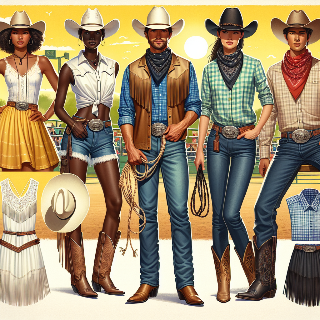 What to Wear to a Rodeo This Summer: Stunning Picks! An image illustrating a variety of summer rodeo outfits. Represented are a Black woman wearing a classic white Stetson cowboy hat paired with a fringed suede vest over a bright summer dress; a Hispanic man wearing a checkered shirt, worn blue jeans, and a brown Stetson cowboy hat, holding onto a rope; a Caucasian woman in a plaid shirt, a denim skirt, and cowboy boots, sporting a bandana worn around her neck; and a Middle-Eastern man with a bolo tie, crisp white shirt, dark denim jeans, and polished black cowboy boots. The background is a sunny, vibrant rodeo ground.
