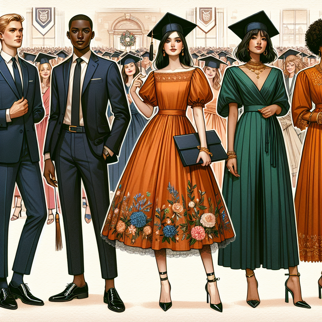 Stunning Outfits for College Graduation Guests Create a rich scene of college graduation attendees adorned in various elegant and stylish outfits. To the left, envision a middle-aged Caucasian man in a sophisticated navy blue suit, matching tie and glossy black shoes. In the middle, illustrate a young South Asian woman wearing a warm orange A-line midi dress with floral embroidery, boat-neck, and kitten heels. To the right, feature a middle-aged Black woman in a sophisticated emerald green jumpsuit paired with gold statement jewelry. Background should include the festive atmosphere of a graduation ceremony with banners, balloons and proud families.