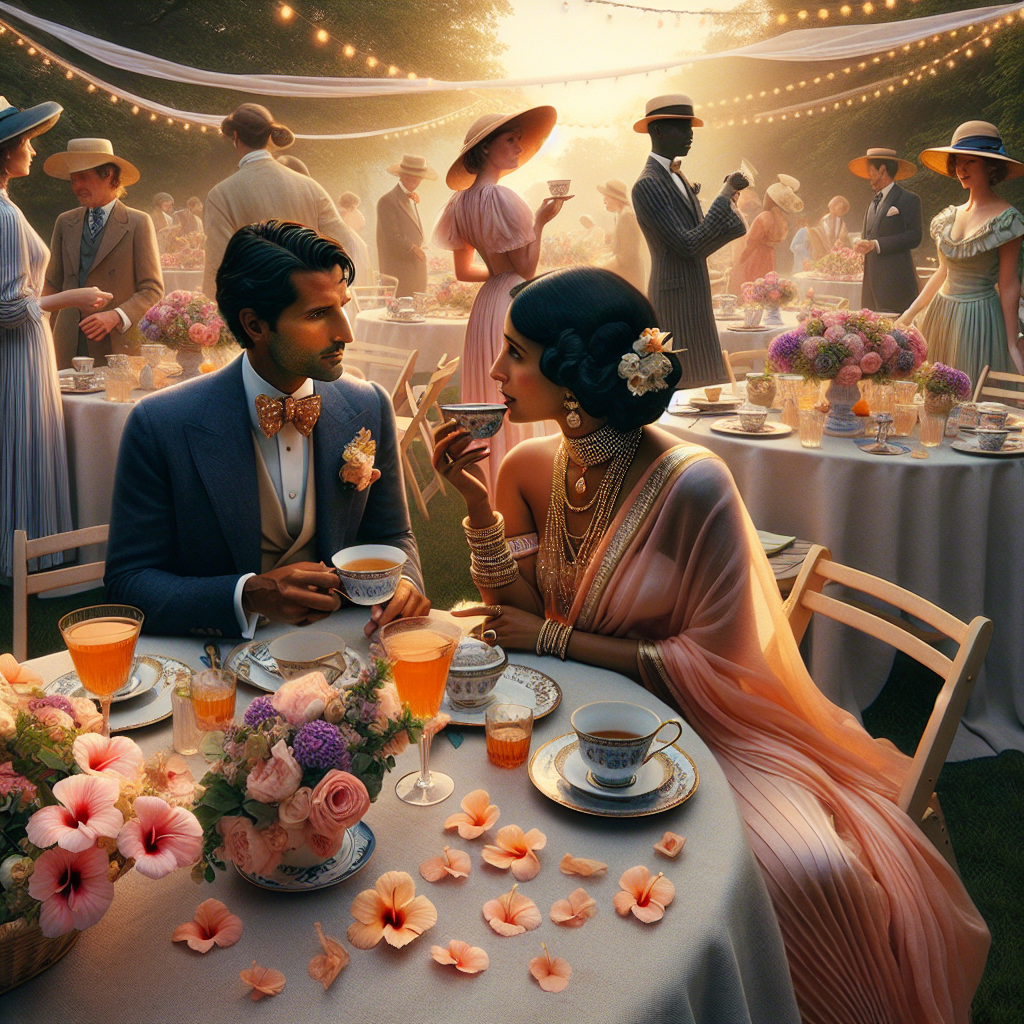 Garden Party Chic: Must-Have Outfits for Weddings An inviting scene of a garden party laid out in vivid detail. Fine tables draped in pastel linen, adorned with centerpieces of fresh flowers. Floating near the rim of delicate china tea-cups are hibiscus petals. A south Asian woman, gracefully draped in an elegant peach-colored sari, sparkling with gold accents and a Middle Eastern man in a sharp navy blue linen suit, are engaged in convivial conversation. In the background, Black and Caucasian guests sporting summer wedding attires - pastel colored flouncy dresses, seersucker suits, ruffles, bow ties and straw Panama hats. There is the soft glow of fairy lights entwined among the leaves of nearby trees as day fades into evening.