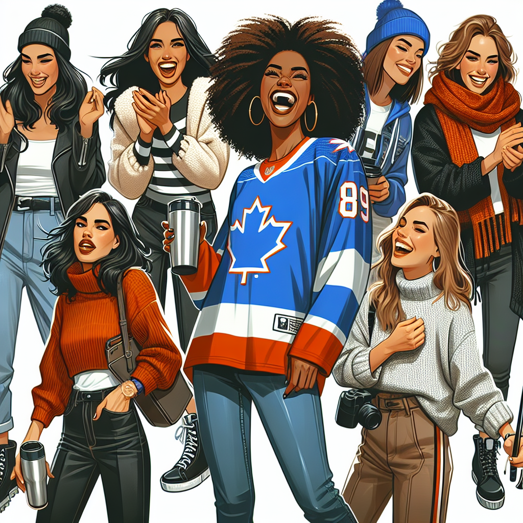 Must-Have Styles for Women at Hockey Games A dynamic, high-quality image illustrating key fashion styles for women attending a hockey game. Include elements such as comfy, casual yet stylish clothes like jeans, warm sweaters, and boots. Also incorporate team-themed apparel like scarves, hats, and jerseys with common hockey team colors and motifs. Show a diverse set of women, including a black woman laughing with a hockey jersey draped over her, a caucasian woman clapping and wearing a team-themed scarf and hat, and a middle eastern woman with a travel mug in her hand wearing a comfortable sweater and boots.