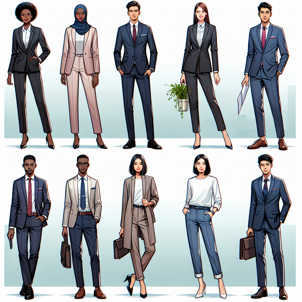 Illustrate a diverse array of professional attire styles ideal for job interviews. Showcase a black female in a tailored suit, a Caucasian male in smart business casual outfit, a Middle-Eastern female in a modest yet fashionable corporate attire, and a South Asian male in a sophisticated business look. Try to strike a balance between formality and stylishness for these clothing pieces and ensure they complement each individual's complexion and build. Use a formal office setting as the background.