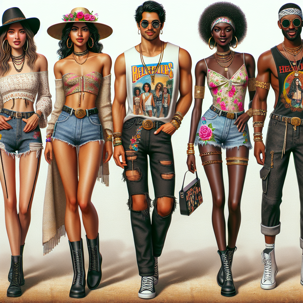 Stunning Summer Concert Outfits: What to Wear Generate an image showcasing an assortment of stunning summer concert outfits. Picture a fashionable crowd of individuals in a festival setting. Let's see a tall, Hispanic woman in a bohemian-chic cropped top and denim shorts, a petite, Caucasian man in vintage-inspired band tee and ripped black jeans, an athletic Black woman in a vibrant jumpsuit with statement accessories, and a Middle-Eastern man with a muscular build in a cool graphic tank and cargo shorts. Each person should be radiating joy and embodying the colorful, energetic spirit of summer concerts.