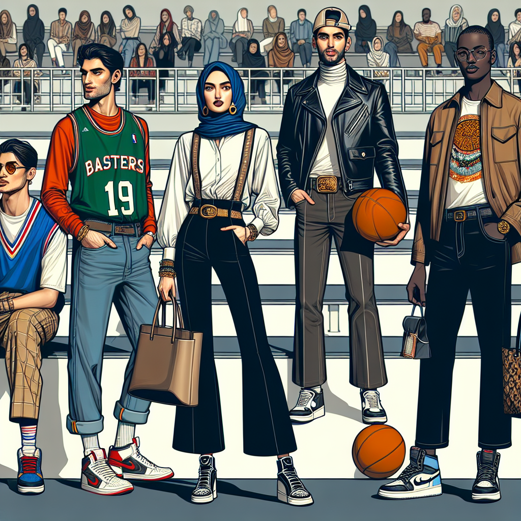 Stunning Outfits for Basketball Games: Effortless Style Illustrate a scene at a basketball court where fashion and sports collide. Depict a diverse group of spectators representing various genders and descents. A Caucasian man sports a sporty-casual style with a team jersey, jeans, and high-top sneakers. A Middle-Eastern woman showcases her modern fashion flair with a stylish hijab integrated in her outfit, flared trousers and a chic tote bag. An Asian man shows an urban style with a leather jacket, graphic tee and trendy sneakers. A Black woman exhibits her unique fashion sense with a bold accessory, skinny jeans, and stylish boots. All of them should radiate the spirit of effortless style.