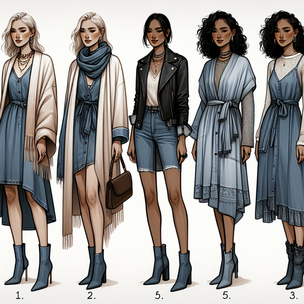 Must-Have Tips: What to Wear Over a Jean Dress A comprehensive fashion guide showcasing various ways to style a jean dress. The image will feature four different looks. 1. A pale-skinned woman elegantly draping a light cashmere shawl over her shoulders. 2. A South Asian woman sporting a leather jacket slung over her shoulders. 3. A black woman choosing a flowy kimono to wear over her denim attire. 4. A Hispanic man layering a mesh long-sleeve shirt beneath the jean dress. Carefully chosen accessories like statement necklaces, oversized sunglasses, and ankle boots will also be seen adding to the overall aesthetics of each look.