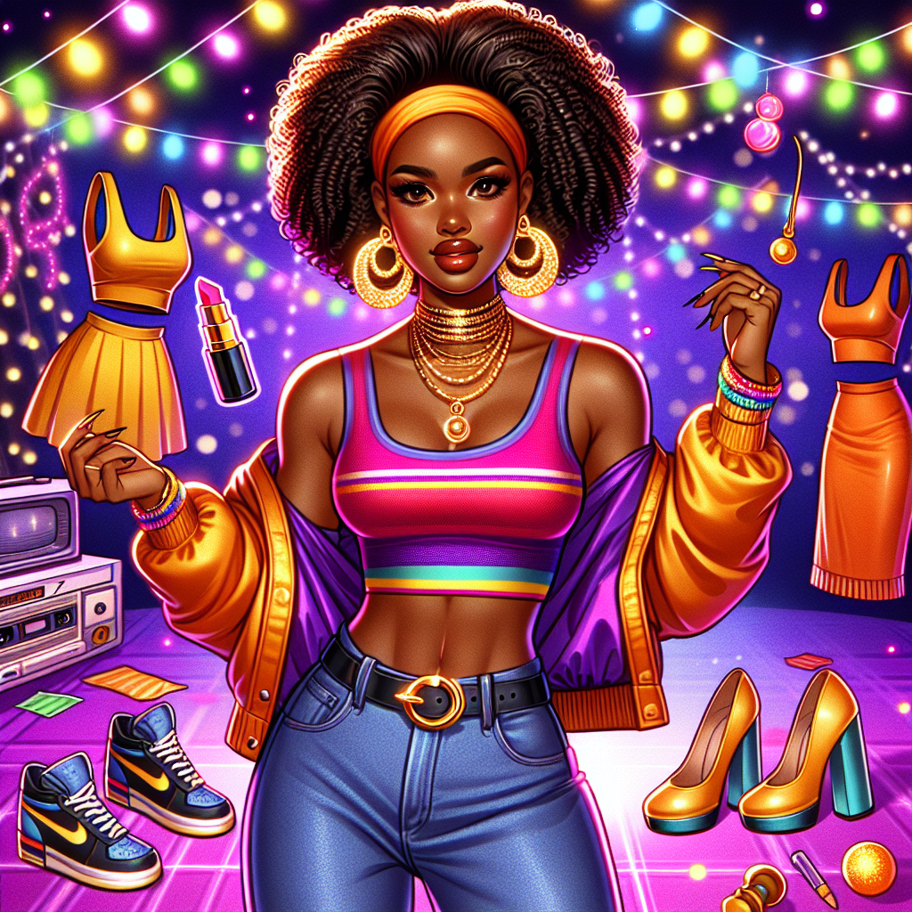 Depict a stylish African American woman dressed in a trendy, vibrant outfit from the '90s. The outfit should include high-waisted jeans, a cropped top, statement earrings, and chunky shoes. Around her, create a festive environment with neon lights and decorations, indicative of a lively '90s party. Make sure the atmosphere is vibrant, energetic and full of life, showcasing confident expressions on the woman's face, illuminating the excitement and curiosity of her outfit exploration.