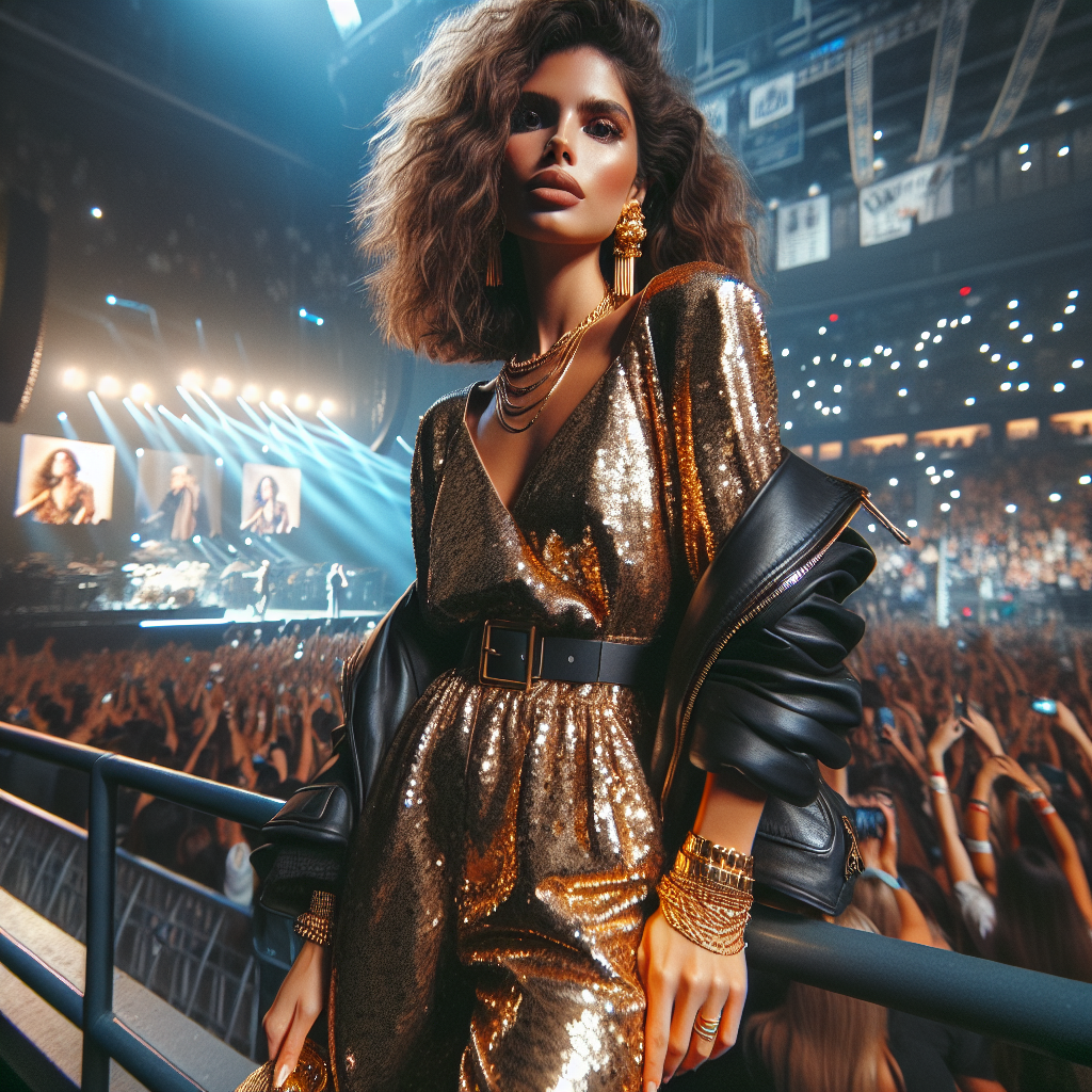 A stylish concert goer at a popular singer's concert showcasing cutting-edge fashion. This individual represents the essence of effortless style. They're wearing a golden shimmering jumpsuit with sequins that catch and reflect the bright concert lights like stars. Matching gold ankle boots and chunky gold jewelry complete the ensemble. To keep it casual, they've paired it all with a black leather jacket draped over their shoulders. The lady, of Hispanic descent, has hair styled in soft, voluminous curls. The atmosphere around her is electrifying, filled with the sounds and energy of a dynamic concert setting.