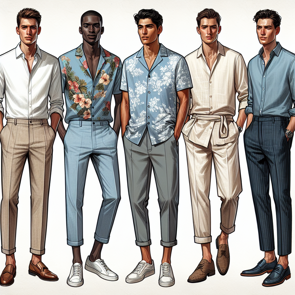 Stunning Wedding Guest Outfits for Men, No Suit Needed! A collection of five stylish wedding guest outfits for men, breaking the traditional suit norm. Start with the figure of a Caucasian man in a crisp white linen shirt paired with chinos and brown loafers. Then depict a Black man in a blue floral print Hawaiian shirt coupled with beige shorts and white sneakers. Next, illustrate a Middle-Eastern man wearing a pastel colored polo shirt, teamed with dark jeans and suede boots. Showcase a South Asian man in a traditional loose white 'Kurta', paired with linen trousers and traditional shoes. Finally, present a Hispanic man in a denim button-down shirt paired with black slacks and leather brogues.
