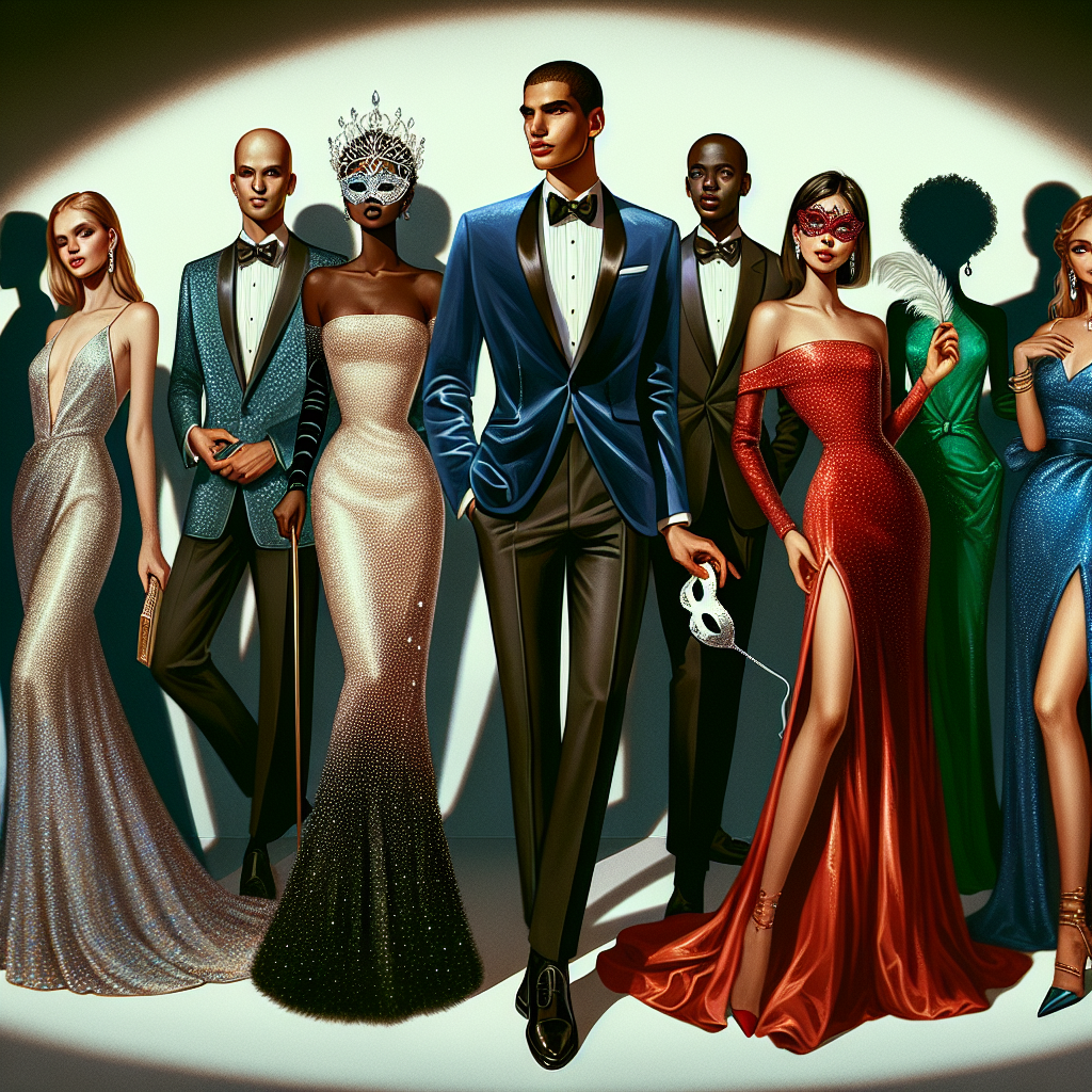 Exclusive Pageant Guest Outfits: Stunning & Effortless Choices Imagine a diverse range of people attending a glamorous pageant, donned in their most exclusive and stunning outfits that effortlessly captivate attention. Picture a tall Caucasian woman in a long, delicate silk evening dress decorated with small sparkling crystals, a South Asian man in a perfectly tailored velvet blue tuxedo, and a black woman in a vibrant, floor-length red gown with a daring thigh-high split. Balance the scene with a Middle-Eastern man wearing a classic black suit while holding a white masquerade mask, and a Hispanic woman in an off-the-shoulder emerald green dress that shimmers under the spotlight.
