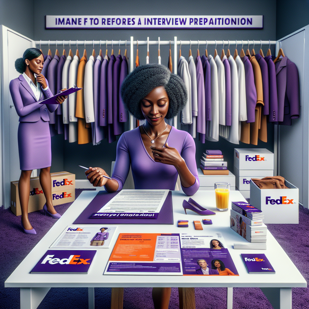 What to Wear to a FedEx Interview: Must-Know Tips Imagine an insightful visual portrayal of an interview preparation scene where an individual is preparing for a FedEx job interview. The individual, a Black woman, is thoughtfully selecting her outfit from a wardrobe full of various professional attires. On a nearby table, there are a few FedEx brochures highlighting its purple and orange company colors, along with a printout of the job role descriptions for which she's interviewing. The setting reveals not just the importance of style, but also the essence of understanding company culture before a job interview.