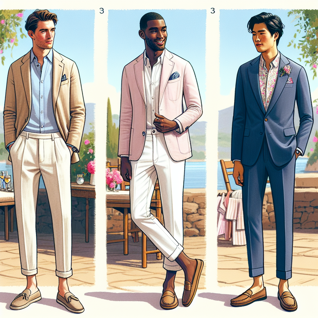 Illustration of three men attending a semi-formal summer wedding. On the left, a Caucasian man sports a light tan linen suit with a light blue dress shirt, no tie, and brown loafers. In the middle, a Black man is dressed in a pastel pink cotton blazer and white chinos, with a pair of casual leather sandals. On the right, a South Asian man in a navy cotton suit with a floral print pocket square and dress loafers. They all look relaxed and comfortable, exemplifying must-have men's styles for semi-formal summer weddings. The background is a picturesque outdoor wedding scene.