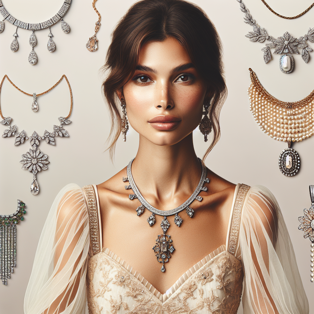 Stunning Necklaces for Scoop Necklines: Must-Have Looks Showcase an enticing collection of stunning necklaces designed for scoop necklines. The jewelry pieces should vary in style and complexity, from minimalist to lavish. Start with a simple chain necklace embedded with delicate diamonds for a minimalist look. Also, focus on a pendant necklace with intricate detailing and a centerpiece gem for a glamorous look. Additionally, include a multilayered pearl necklace for a chic look. Everything should be displayed against a light background, with the scoop neckline of an elegant dress visible beneath each necklace. The model wearing the necklaces should be a middle-aged, Hispanic woman.