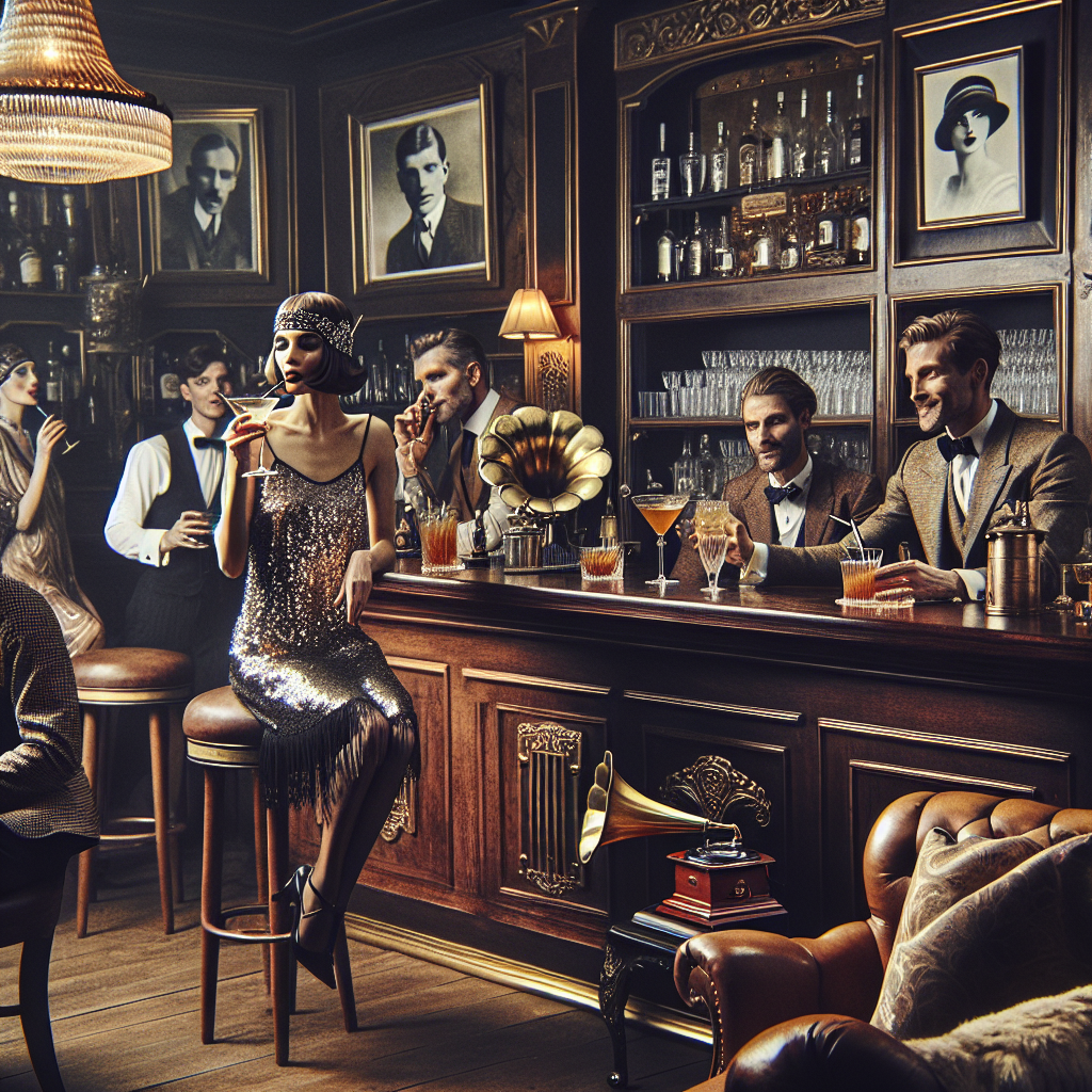 Imagine a sophisticated speakeasy from the Roaring Twenties: rich wooden decor, elegant vintage leather furniture, and dim lighting create an aura of mystery and seduction. Behind the swanky bar, an array of classic cocktail glasses gleams under the soft light. In the corner, there's an antique brass gramophone, while breathtaking black-and-white pictures from the era decorate the walls. A bartender with a Hispanic descent, sporting a three-piece tweed suit, expertly mixes an Old Fashioned cocktail for a group of customers. A lady of Caucasian descent in a sequin-clad flapper dress, emanating effortless elegance, laughs with her friends as she sips her drink. The setting encapsulates the essence of a time when style, sophistication, and secret gatherings reigned supreme.