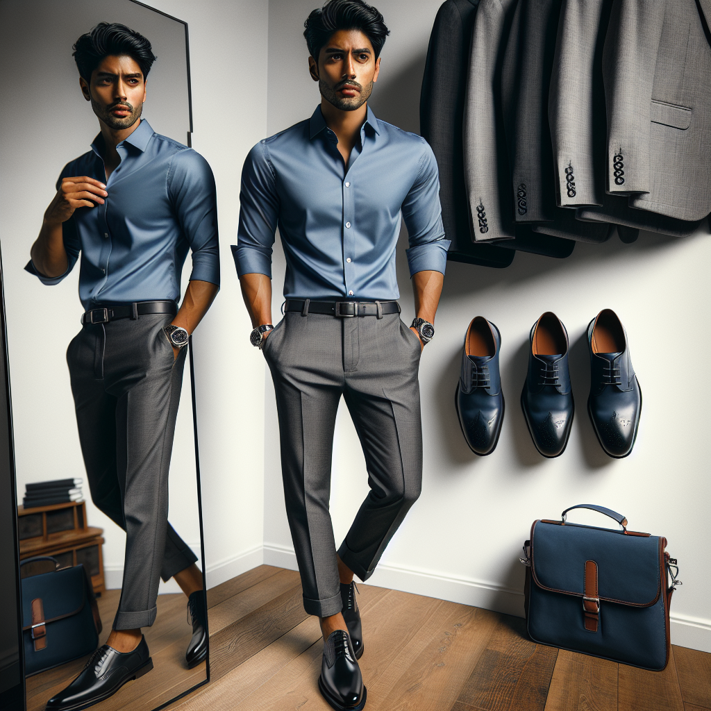 What to Wear to a Coaching Interview: Must-Have Tips Imagine a visually engaging scenario featuring a South Asian male dressed in a stylish business casual outfit for a coaching interview. He wears a crisp blue shirt paired with a tailored charcoal grey pants. On his feet are polished black leather shoes complimenting his outfit. His final details include a silver wristwatch and a navy blue messenger bag slung over his shoulder. In the background, there's a mirror reflecting his confident posture and overall appearance. This interpretation of professional elegance provides an illustrative guide on what to wear to a coaching interview.