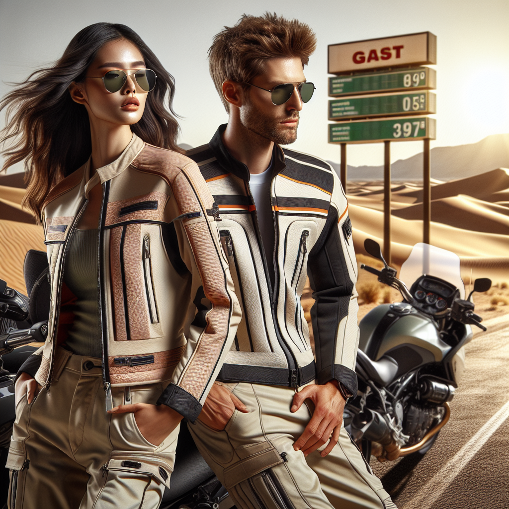Must-Have Styles for Hot Weather Motorcycle Rides A visually rich and detailed scenario showcasing the must-have styles for hot weather motorcycle rides. The image should capture a sunny day with clear skies and dry roads. In the foreground, present a South Asian female and a Caucasian male wearing lightweight, vented riding jackets, breathable riding pants, open face helmets, and sunglasses, thus fulfilling the safety and style needs. Both should be leaning against their gleaming touring motorcycles. The background should display a vast desert dune view symbolizing the hot weather, with a gas station sign in the far distance. Make sure to maintain the vibe of freedom offered by motorcycling.