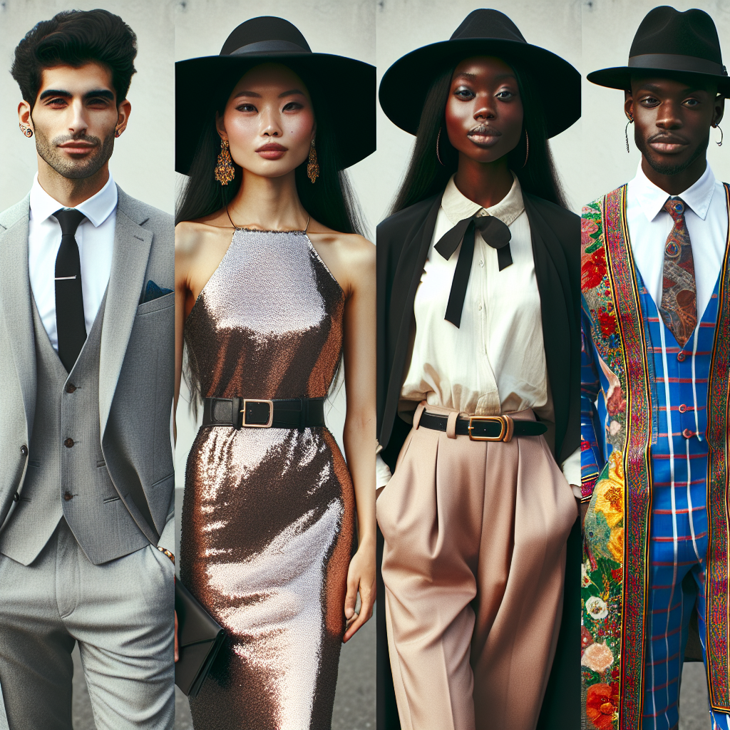 What to Wear for Graduation: Must-Have Guest Styles Create an image that showcases four individuals, each of different descents attending a graduation ceremony as guests. One individual, a Middle-Eastern male, is dressed in a smart casual suit with a tie. The second person, an Asian female, wears an elegant shimmering dress. The third person, a Black woman, is styled in a trendy jumpsuit with a hat. The fourth, a White man, is in a colorful traditional attire. The focus is on their diverse but suitable styles for this occasion.
