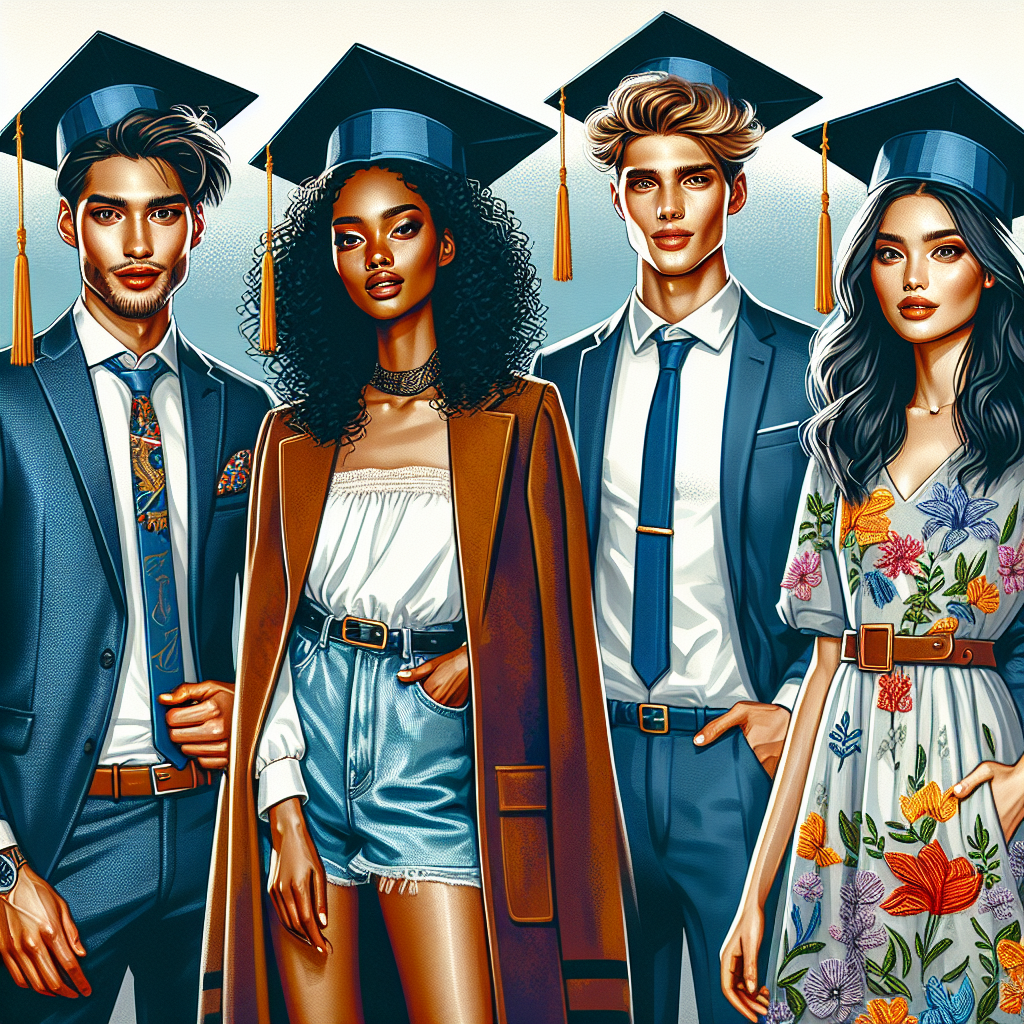 Stunning Outfit Ideas for College Grad Parties Visualize a vibrant scene of a college graduate party where four college graduates are celebrating their remarkable achievement. The first graduate, a Hispanic male, is donning a stylish suit with a neatly knotted tie, while the second person, an African female, shines brightly in her finely embroidered graduation gown. A South Asian male, the third person, is standing tall in his trending blue shirt paired with a suede brown jacket, and the final graduate, a Caucasian female, elegantly outfitted in a floral print summer dress. They all wear their graduation cap and gown with pride, exuding an air of success and accomplishment.