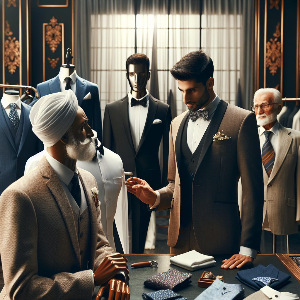 Visualize an elegant clothing store specialized in men's wedding attire. Display various styles and silhouettes on dressmaker's dummies, highlighting the breadth and quality of the selection. Showcase a sleek black tuxedo, a traditional white three-piece suit, a sharp navy blue suit with patterned ties, and a sophisticated khaki linen outfit for a beach wedding. Each suit is paired with coordinating accessories such as bow ties, pocket squares, and boutonnieres. In the foreground, a South-Asian gentleman with a fashionable beard is carefully considering a white pocket square, whilst an elderly Caucasian man is fitting a classic black tuxedo with the help of a professional tailor.