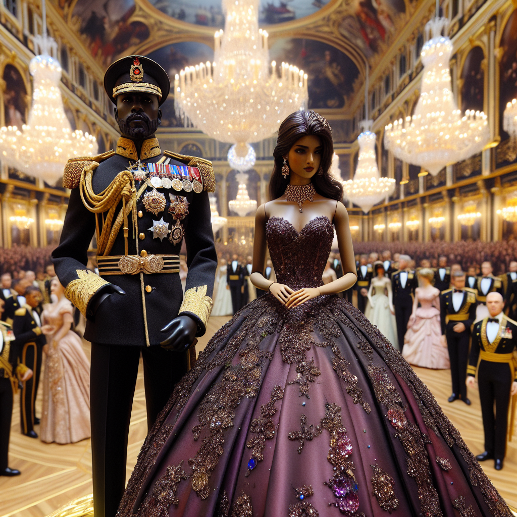 Stunning Military Ball Attire: Effortless Elegance A meticulously detailed scene of a military ball. In the foreground, a Black male officer in a regal, dark ceremonial uniform embellished with medals and decorations. Beside him, a South Asian female figure showcasing her elegance in an aubergine ball gown designed with intricate sequence and lace details. In the background, a grand ballroom filled with people in dazzling military attire, drenched in lavish gold and ivory decor, sparkling chandeliers dangling from the ceiling, and an ambience of refined sophistication pervading the atmosphere.