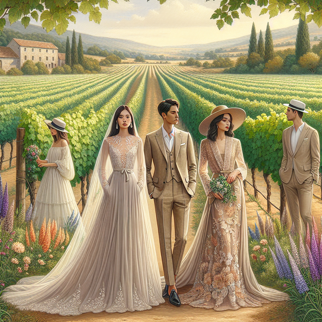 Vineyard Wedding Outfits: Discover Must-Have Looks Envision a bucolic vineyard under the warm sun, rows of lush grapevines stretching into the distance. A wedding is about to take place. In the middle of the scene, you can see three individuals stylishly dressed for the occasion. One person is an East Asian woman draped in an elegant, floor-length chiffon gown in a pastel color, her hair styled into soft waves. Standing next to her is a Middle-Eastern man wearing a classic taupe linen suit, paired with a crisp white shirt. Lastly, there's a Hispanic woman showcasing a chic cocktail dress with intricate lace detailing, paired with a fashionable wide-brimmed hat. Paint this picturesque scene in full detail.