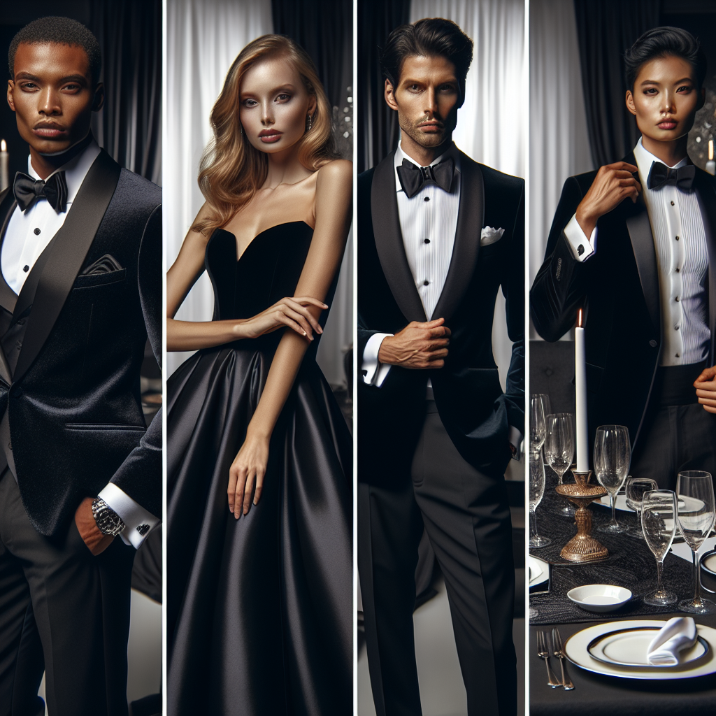 Black Tie Affair Essentials: Stunning, Must-Have Looks A sophisticated evening scene featuring a well-dressed group of individuals demonstrating black tie fashion essentials. An African descent man wearing a finely crafted black tuxedo with satin lapels, a white shirt, and a crisp black bow tie. A Caucasian woman in a stunning floor-length evening gown radiating elegance. A South Asian man displaying a debonair look in a resplendent black velvet dinner jacket, matching bow tie, and a noticeable pair of cufflinks. Lastly, a Hispanic woman in a stylish black cocktail dress with sparkling jewelry. A beautifully set, formal banquet table nearby suggests a grand affair.
