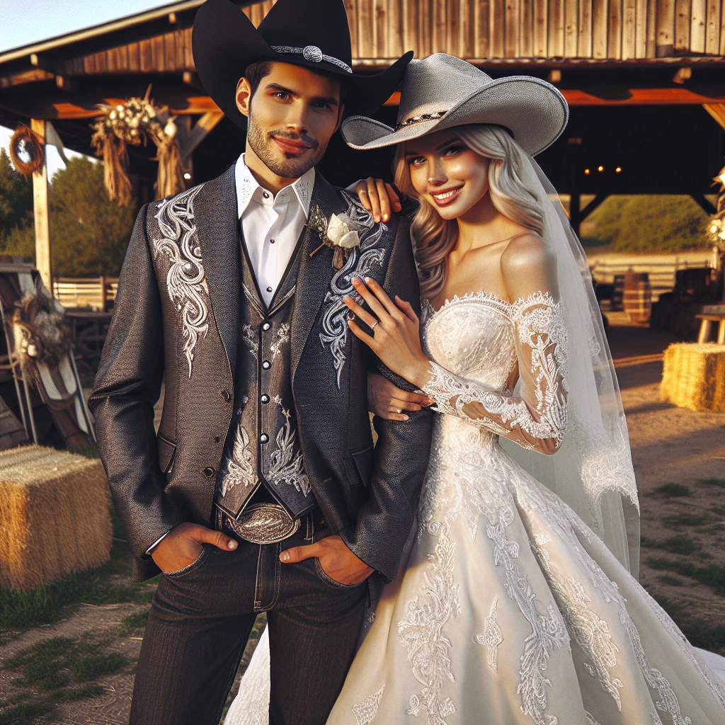 Cowboy Wedding Outfits: Stunning Finds for Your Best Look A beautiful cowboy-themed wedding scene is needed. The groom, a Hispanic man, is wearing a well-tailored charcoal grey western suit with intricate silver thread embroidery, complemented by a matching wide-brimmed cowboy hat tipped slightly forward. The bride, a Caucasian woman, is glowing in a white traditional wedding gown adorned with delicate cowboy boot lace detailing, paired with a stylish pair of matching cowgirl boots. Both of them are smiling, radiating happiness on their special day. The backdrop is filled with wooden barn decor, hay bales, and rustic charm, typical of a cozy western wedding. Set in an outdoor setting with a beautiful sunset.