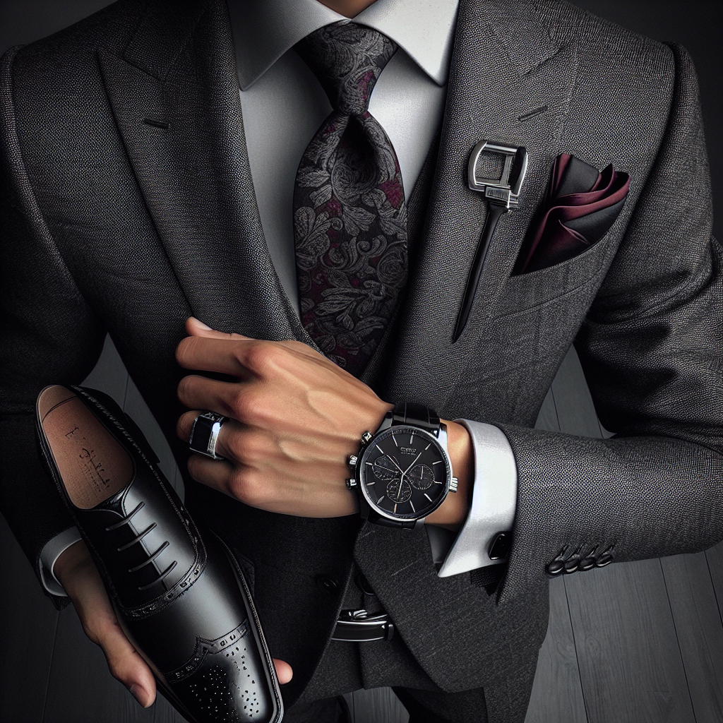 Must-Have Accessories for a Grey Suit: Style Perfection Imagine a well-dressed man of Asian descent, enhancing his charcoal grey suit with a set of essential accessories. Picture a wrist adorned with a luxurious watch featuring a silver design, a silk pocket square neatly tucked in the breast pocket of his suit, displaying a splash of contrasting color, perhaps a rich burgundy. Visualize a sleek, black leather belt cinching his waist, and a pair of polished, black oxford shoes supporting his stance. The tie he wears could exhibit a bold pattern, in a color that complements the greys in his suit. These additions complete the sophisticated ensemble, embodying absolute style perfection.
