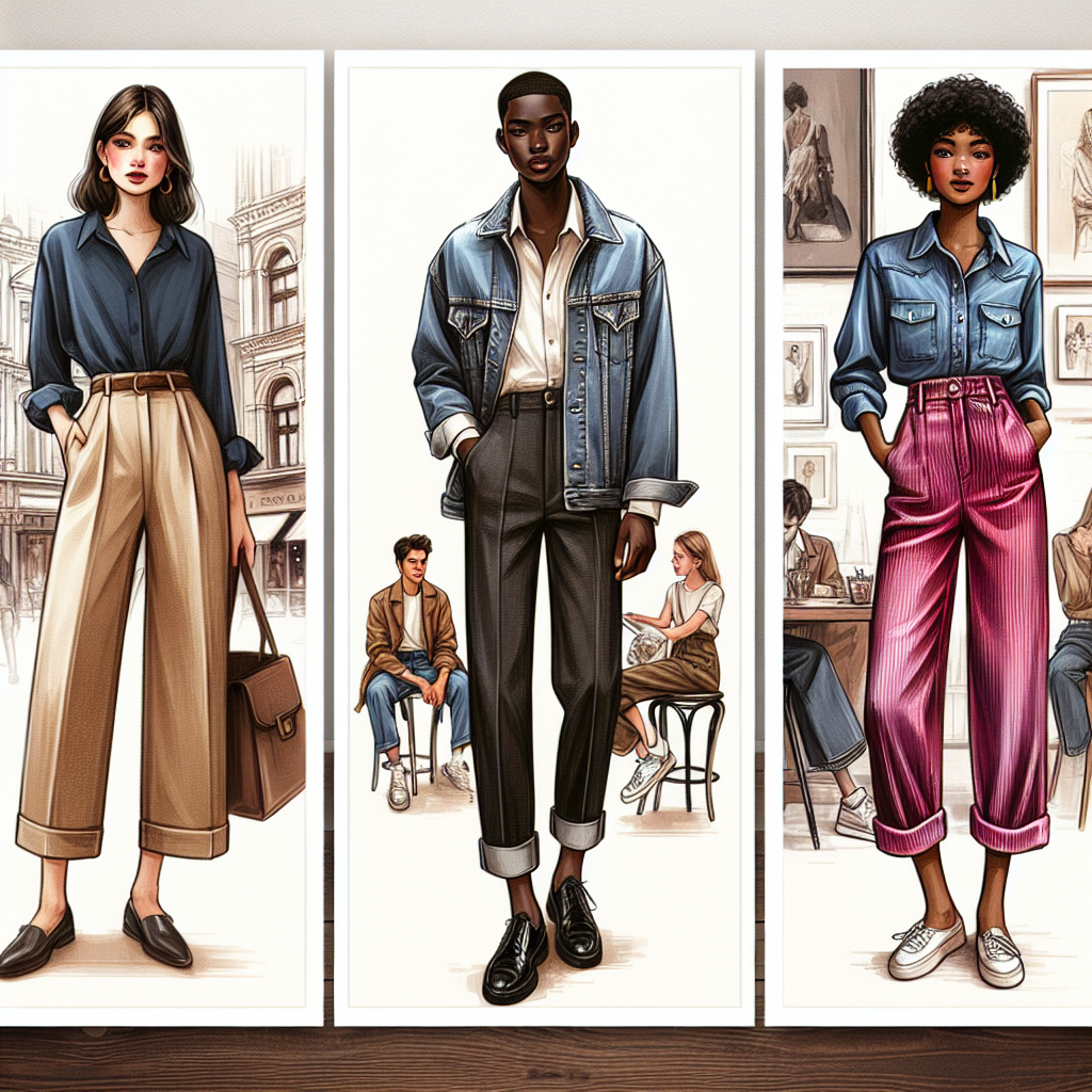 Must-Have Trousers for Denim Jackets: Style Effortlessly Illustrate an ensemble which includes must-have trousers ideal for pairing with a denim jacket. Showcase a variety of three outfits, each featuring a unique and fashionable pair of trousers. The first should be chic and casual, with a Caucasian woman wearing soft cotton khakis paired with a classic blue denim jacket. The second tableau portrays a confident South Asian man with tailored black jeans complementing a distressed denim jacket. For the third tableau, present a youthful and trendy vibe with a Black woman wearing vibrant, high-waisted corduroy pants paired with a cropped denim jacket. The background for each could be places they might wear these outfits, like a coffee shop, a music gig, or a vintage store.