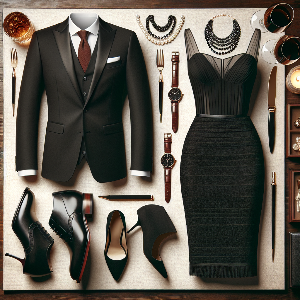 A layout featuring elegant must-have outfits for fine dining, specifically envisioned for a venue such as a high-end steakhouse. It includes formal attire for both men and women. For the gentlemen, a sleek black suit paired with a crisp white shirt and a classy red tie. For the ladies, a chic black cocktail dress complemented by a dazzling pearl necklace. Both outfits are paired with polished leather footwear. The ambiance suggests an upscale and sophisticated dining experience.
