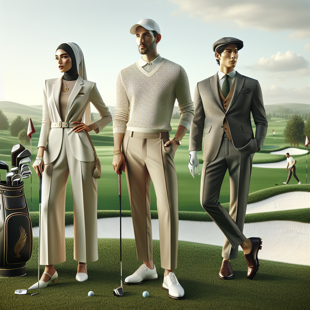 Golf Club Chic: Must-Have Styles for Every Player Visualize a stylish golf course with players dressed in chic golf attire. Picture three individuals in the middle of their game: a Middle-Eastern woman wearing a polished, modern golf outfit; a Caucasian man in a classic, tailored golf uniform; and a South Asian man adorning a fusion of traditional and contemporary golf wear. Around them, impeccably manicured green fields gleam under the soft sunlight, with sand traps adding contrast. Golf bags brimming with assorted clubs, hinting at the essential tools every player should have. Create this scene in a photorealistic style.