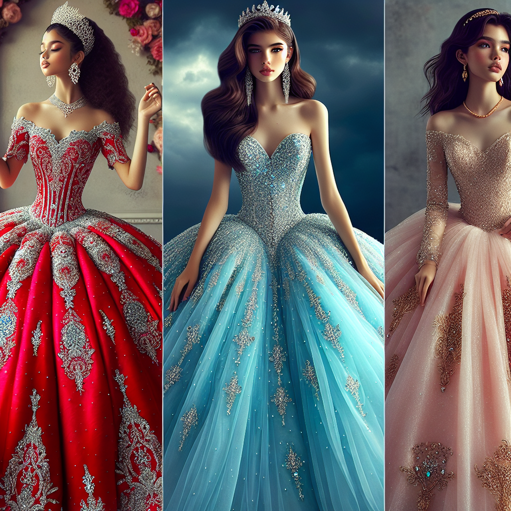 Stunning Outfits for Quinceañera: Find Your Perfect Look! A dazzling display of three stunning outfits perfect for a Quinceañera celebration: 1) A Hispanic teenager wearing a traditional, voluminous bright red ball gown, adorned with intricate silver beadwork and paired with a silver tiara. 2) A Caucasian teenager in an ocean blue mermaid-style gown with a sequined bodice and tulle skirt, finished with a string of pearls. 3) A South Asian teenager in a pastel pink A-line dress, decorated with subtle golden embroidery and complemented with a golden hair-accessory. Each outfit exudes elegance, making any of them a perfect choice for a Quinceañera.