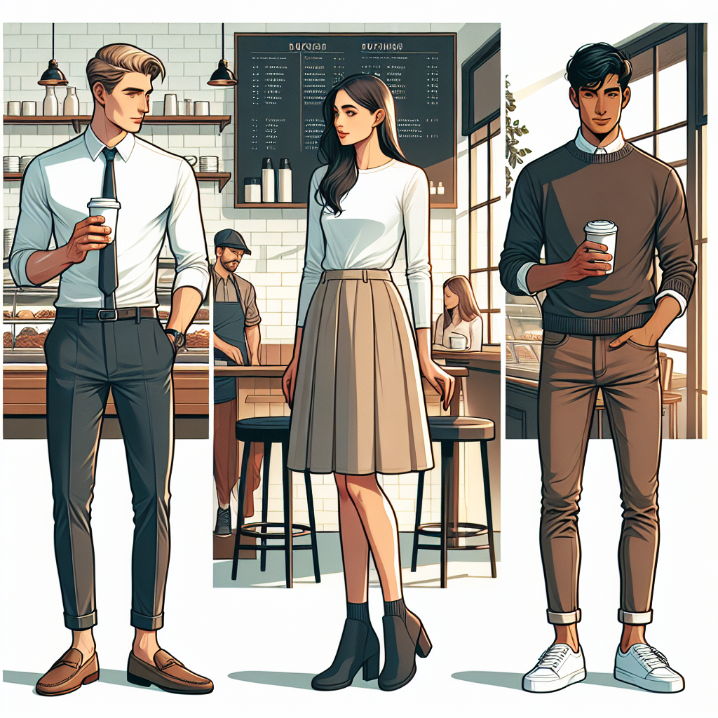 Exclusive Guide: Best Outfits for Barista Interviews Create an image for an article about ideal clothing for barista interviews. The scene should include three individuals standing in front of a café backdrop. Illustrate a Caucasian male wearing slim fit trousers, a clean white shirt, and a pair of loafers. Next to him, show a Hispanic woman in a chic skirt, a neat sweater, and ankle boots. Lastly, portray a South Asian male, donning a dark pair of jeans, a casual button-down shirt, and comfortable sneakers. Ensure they all hold a coffee cup, depicting their passion for the job.