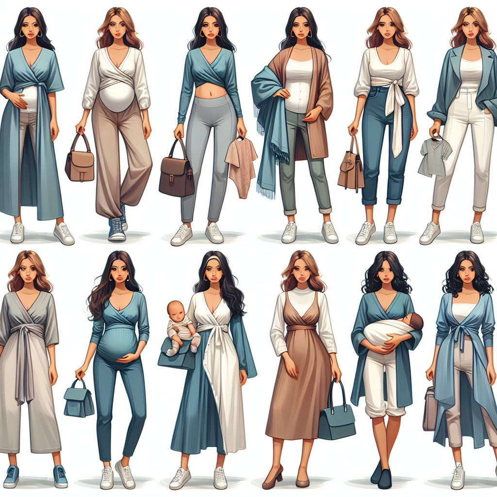 What to Wear After a C-Section: Effortless Style Tips Depict an array of comfortable and stylish clothing choices suitable for someone after a C-section. Showcase a variety of pieces such as high-waisted leggings, loose-fitting tunics, wrap dresses, and button-up shirts, to make it easier for the individual to nurse their newborn child. Include a variety of accessories like oversized scarves and comfortable footwear which can complement these outfits. Make sure the outfits displayed are representative of various descents, like Middle Eastern, Hispanic, Caucasian, South Asian, and Black women, and embody an array of fashion styles, from casual to elegant.