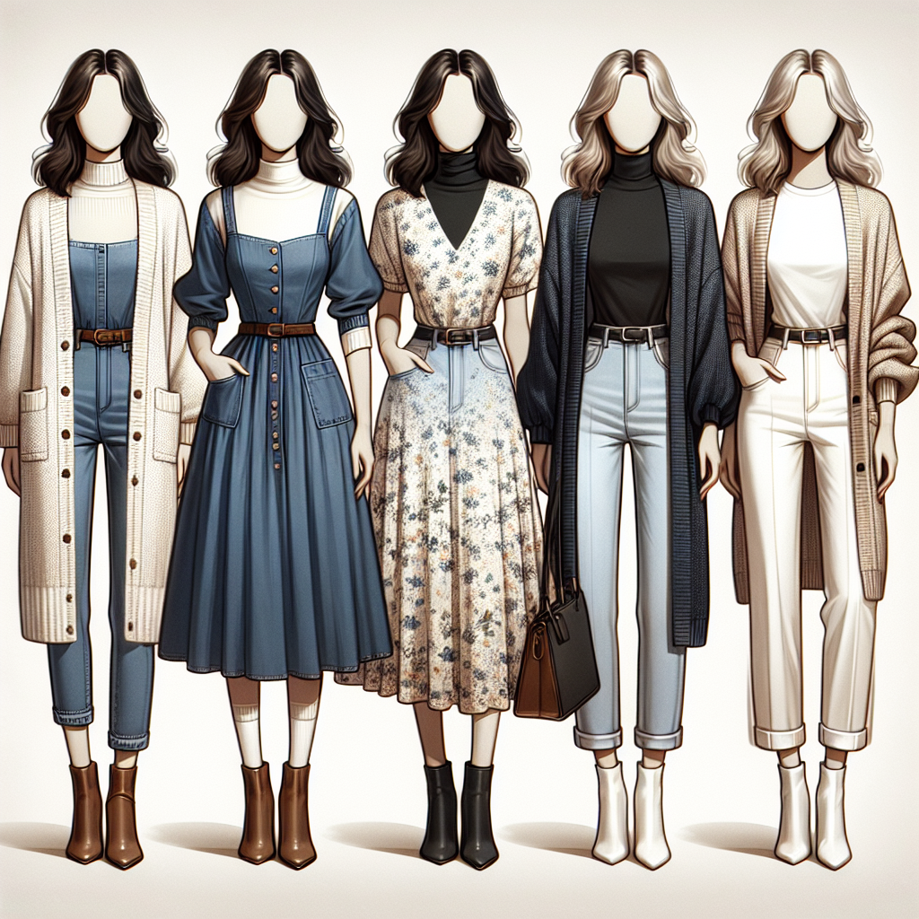 Stunning Outfits to Wear with a Cream Cardigan Picture this, a set of five stunning outfits, beautifully designed to be paired with a cream-colored cardigan. The first outfit consists of a blue denim dress, paired with brown ankle boots, and the cream cardigan. In the second outfit, visualize a black turtleneck with straight-leg jeans, and the cardigan to complement it. The third outfit includes a floral print midi dress, combined with the cream cardigan. The fourth and fifth outfits are chic winter and summer outfits respectively: the winter one with a gray turtleneck, black jeans, and the cardigan; the summer one with white linen trousers, a plain white t-shirt, and the cream cardigan draped over the shoulders. The outfits are displayed on five mannequins each of a different ethnicity: Caucasian, Hispanic, Black, Middle-Eastern, and South Asian.