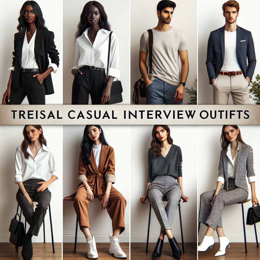 Stunning Outfits for That Casual Interview: Effortless Style An inspiring collation of trendy casual interview outfits composed of various combinations for a look of effortless style. It includes a Black female wearing a tailored white blouse with dark trousers and minimalist jewelry, a Middle-Eastern male in a sleek blazer over a simple t-shirt with jeans, a South Asian female showcasing a subdued color-block dress paired with classy boots, and a Caucasian male portraying a smart-casual ensemble with a checked button-up shirt and coordinating trousers. The individuals should exude the aura of confidence and poise, reflecting that a well-curated casual wardrobe can leave a favorable impression.